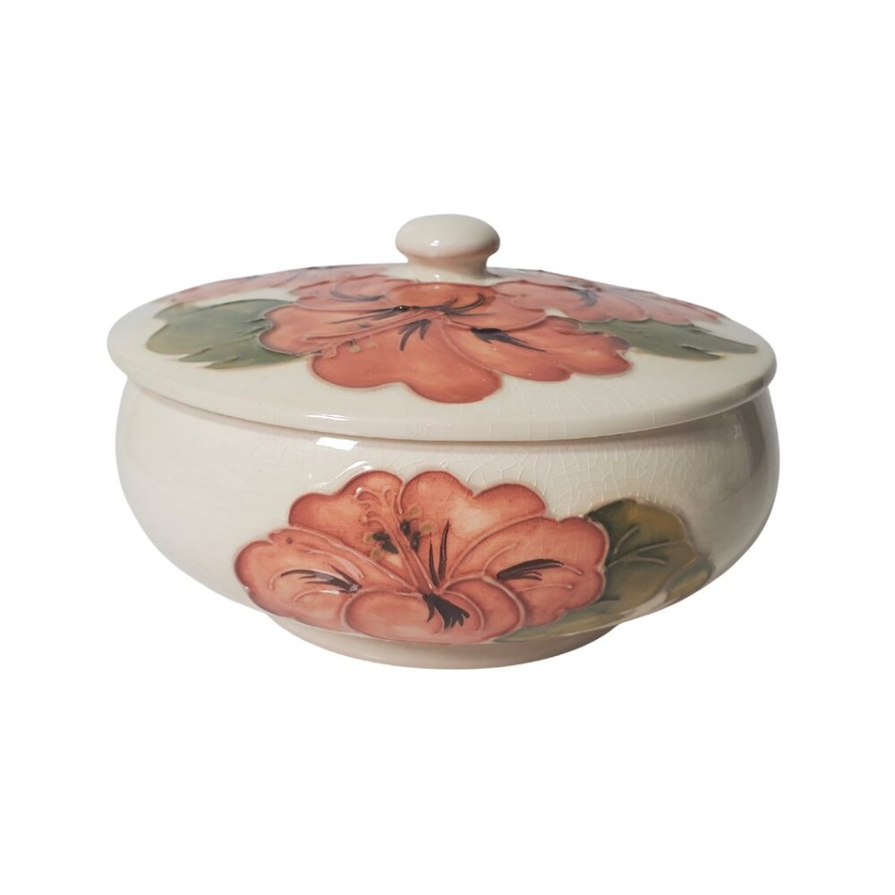 Vintage Moorcroft Lidded Bowl – Coral Hibiscus on Ivory Porcelain c1974
